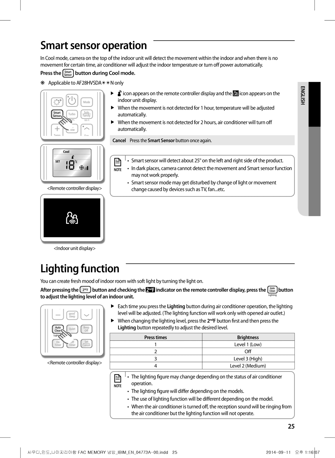 Samsung AF28HVSDADFNMG manual Smart sensor operation, Lighting function, Press the button during Cool mode 