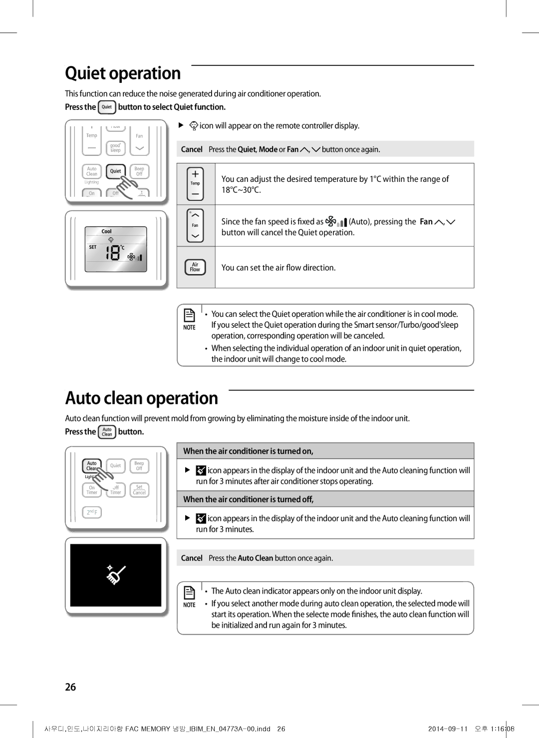 Samsung AF28HVSDADFNMG manual Quiet operation, Auto clean operation 