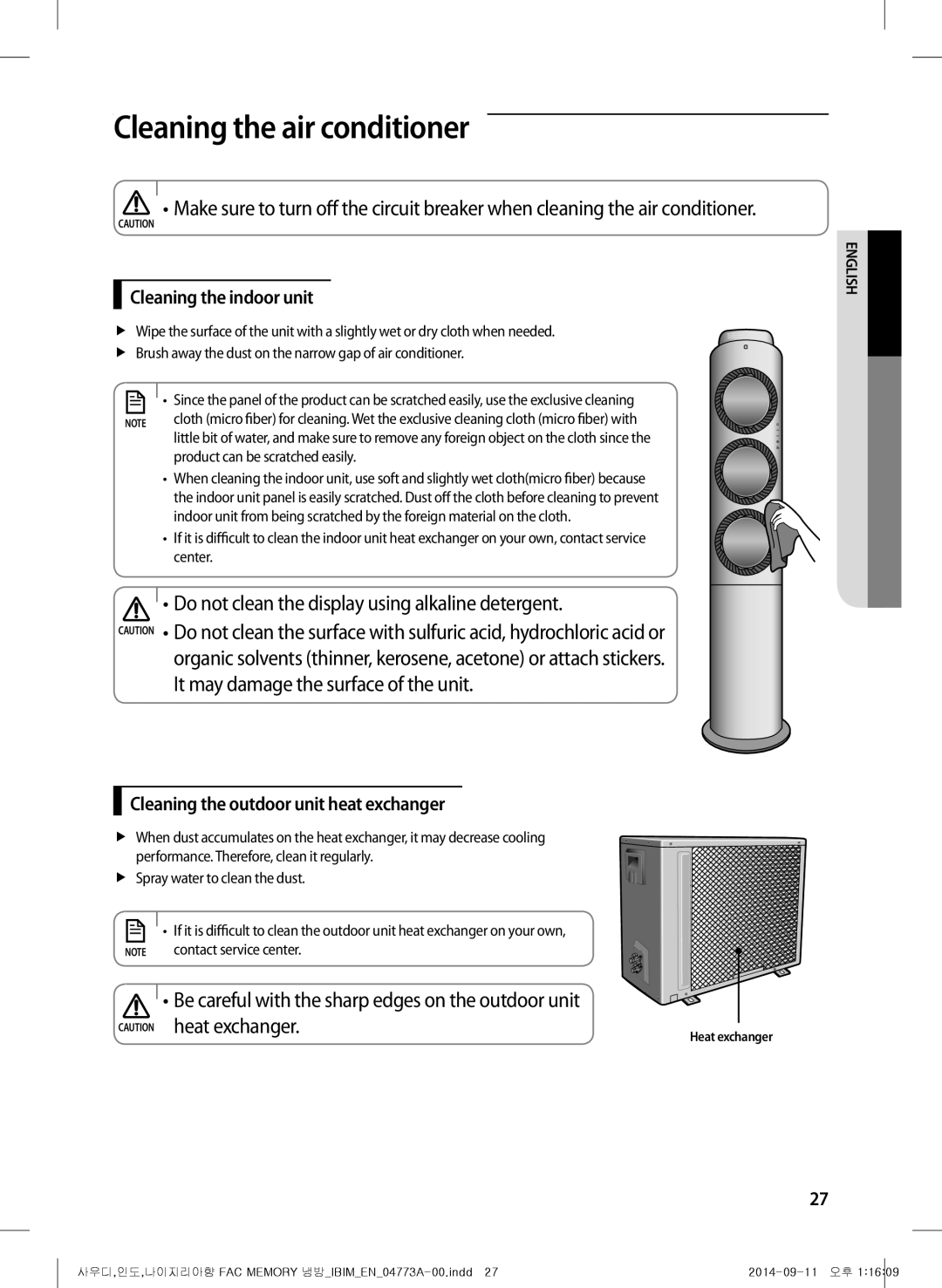 Samsung AF28HVSDADFNMG Cleaning the air conditioner, Cleaning the indoor unit, Cleaning the outdoor unit heat exchanger 