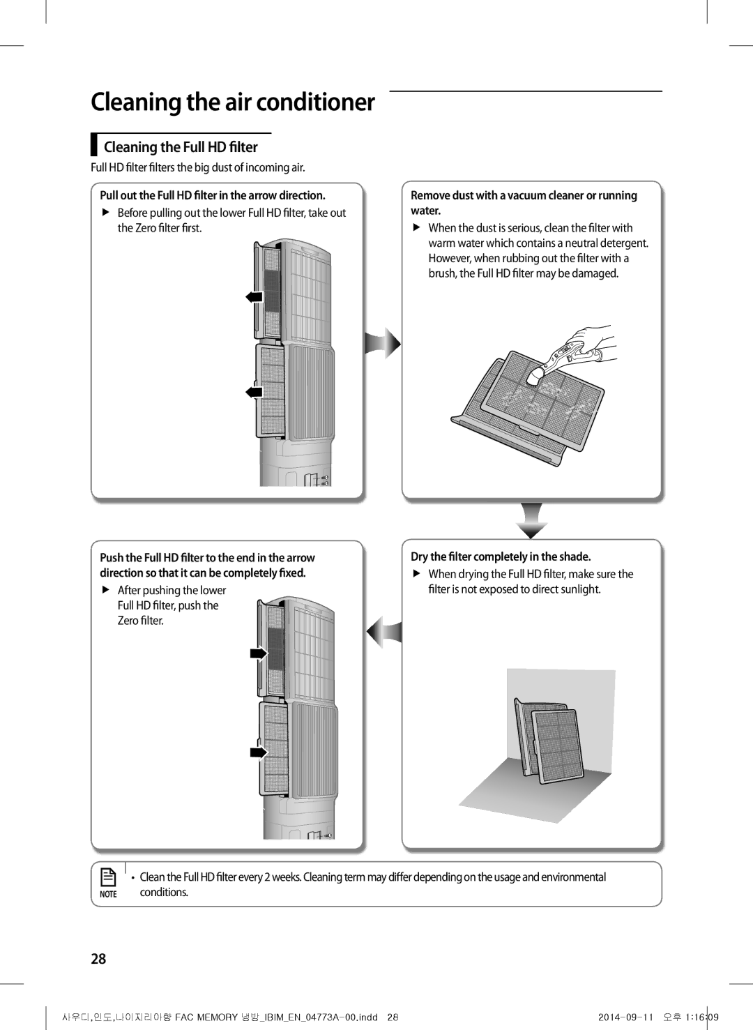 Samsung AF28HVSDADFNMG manual Cleaning the Full HD filter, Full HD filter filters the big dust of incoming air 