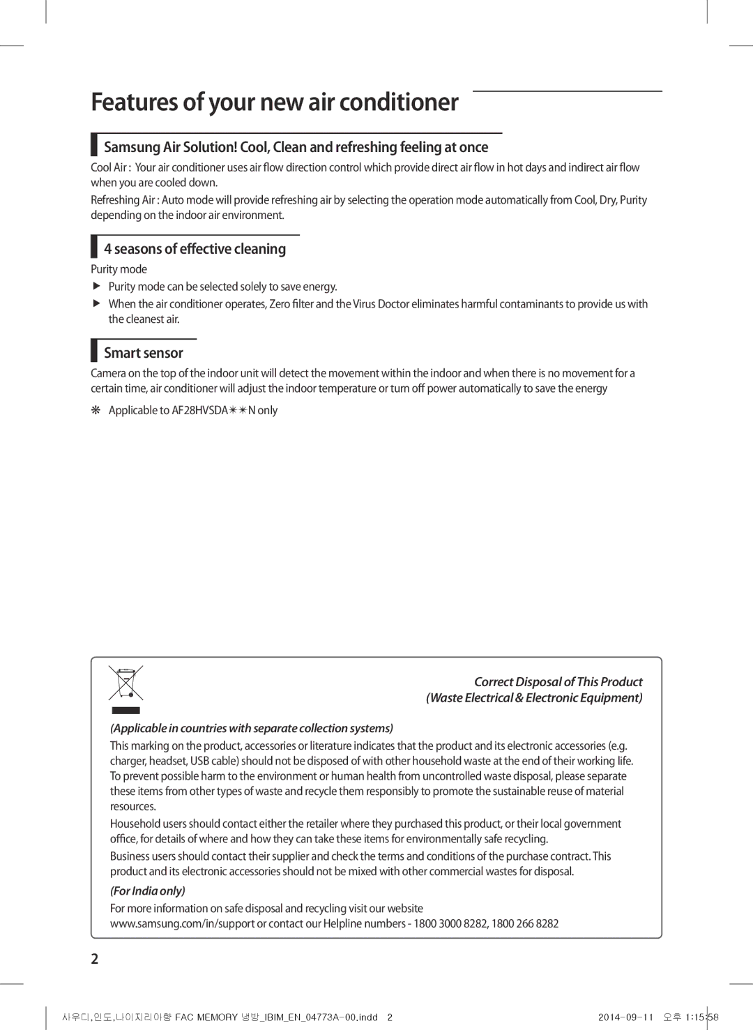 Samsung AF28HVSDADFNMG manual Features of your new air conditioner, Seasons of effective cleaning, Smart sensor 