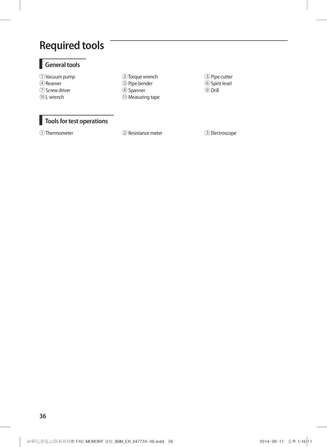 Samsung AF28HVSDADFNMG manual Required tools, General tools, Tools for test operations 