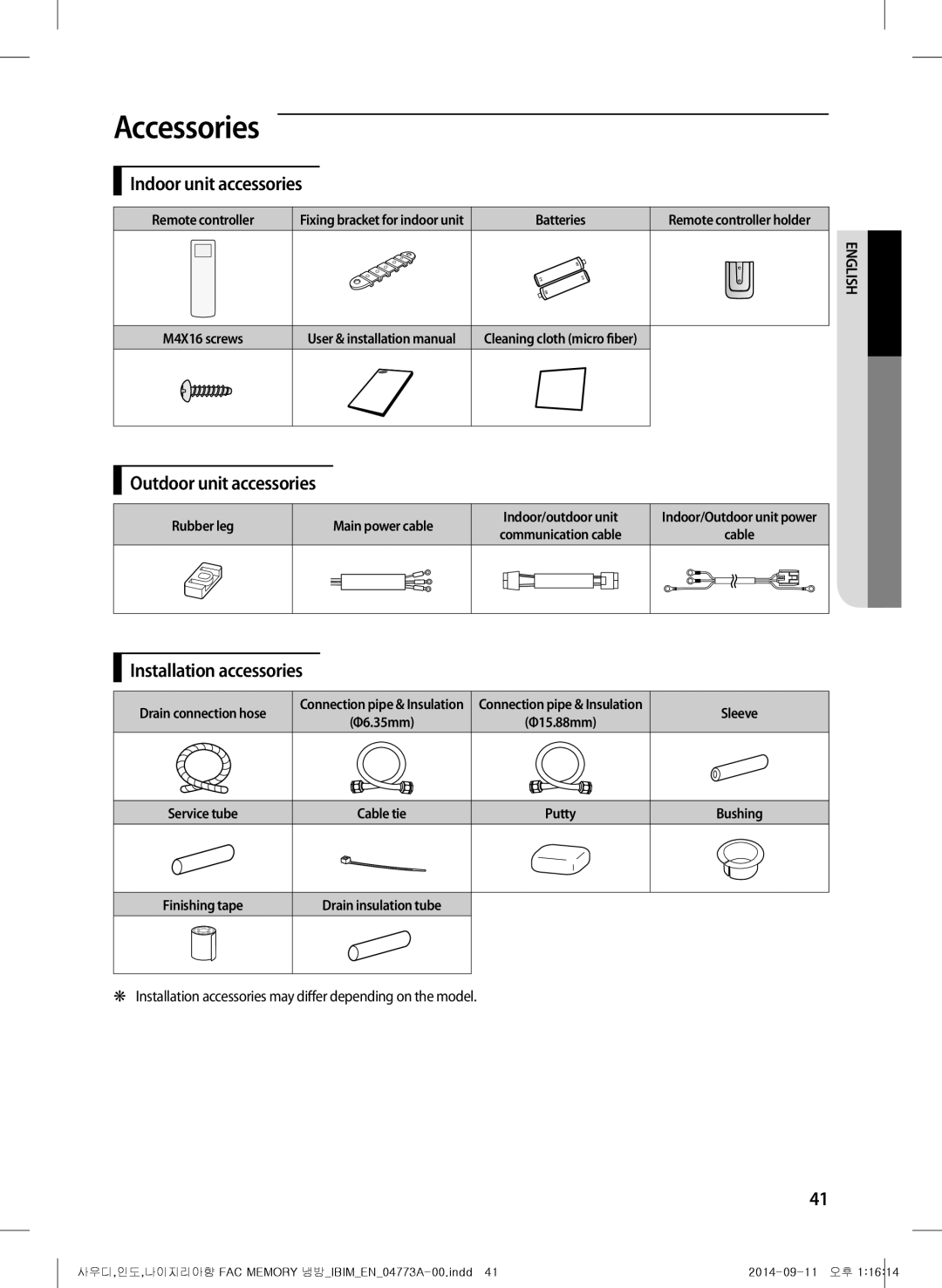 Samsung AF28HVSDADFNMG manual Accessories, Indoor unit accessories, Outdoor unit accessories, Installation accessories 