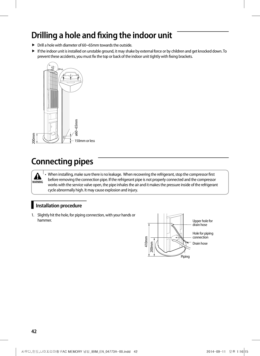 Samsung AF28HVSDADFNMG manual Drilling a hole and fixing the indoor unit, Connecting pipes, Installation procedure 