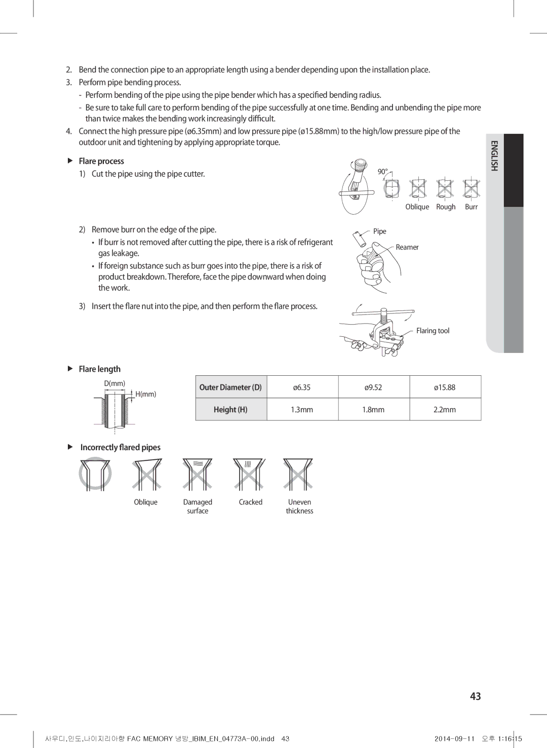 Samsung AF28HVSDADFNMG manual FfFlare process, FfFlare length, FfIncorrectly flared pipes 