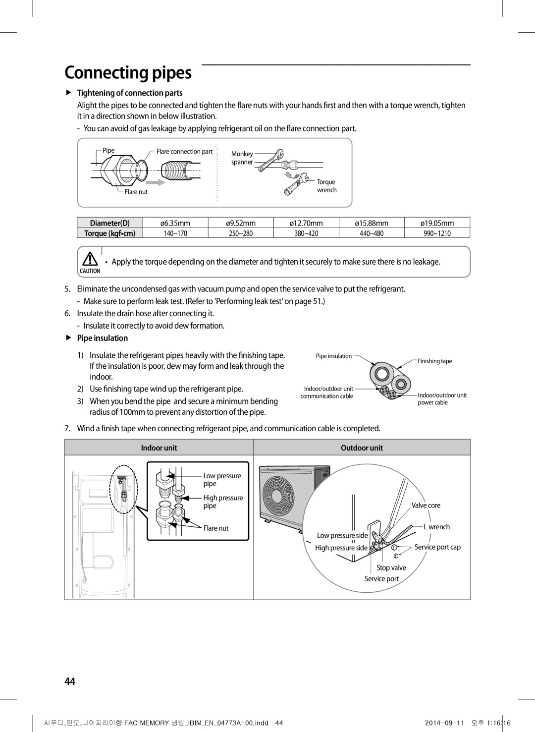 Samsung AF28HVSDADFNMG manual FfTightening of connection parts, FfPipe insulation 