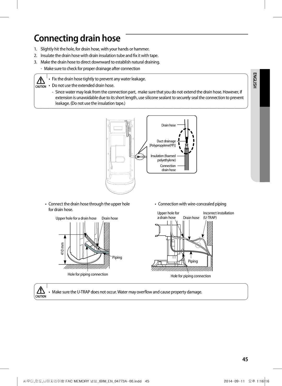 Samsung AF28HVSDADFNMG manual Connecting drain hose, Fix the drain hose tightly to prevent any water leakage 