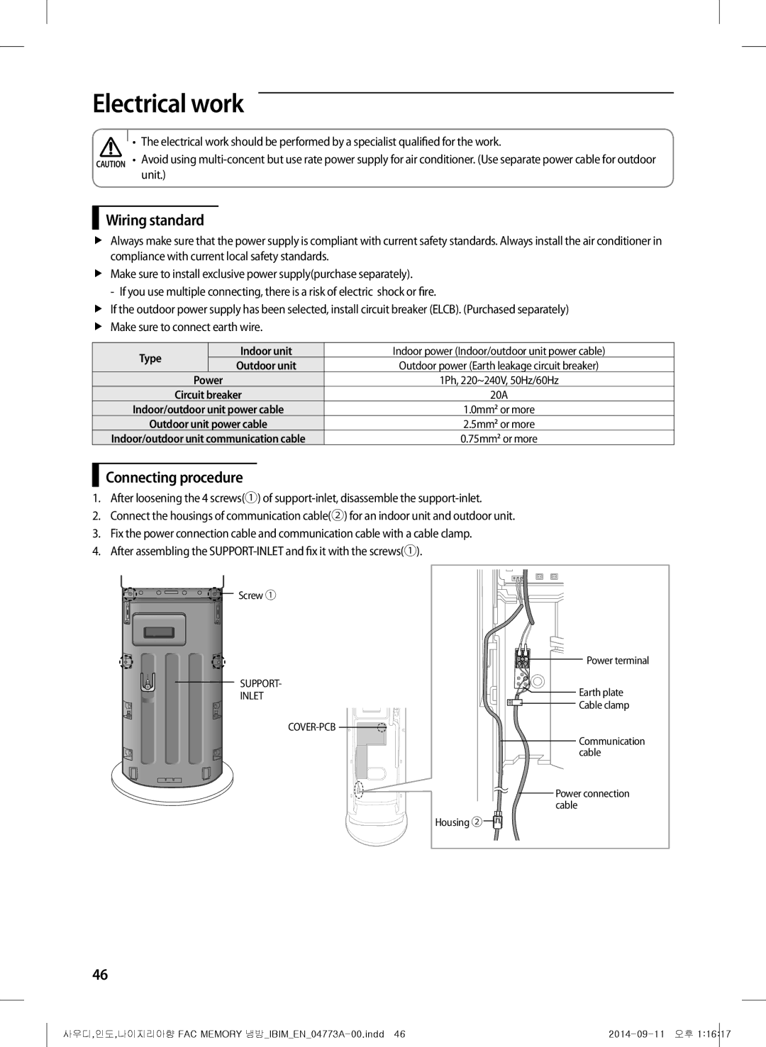 Samsung AF28HVSDADFNMG manual Electrical work, Wiring standard, Connecting procedure 