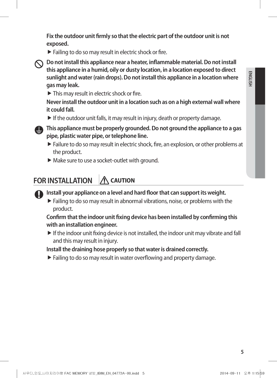 Samsung AF28HVSDADFNMG manual FfThis may result in electric shock or fire 