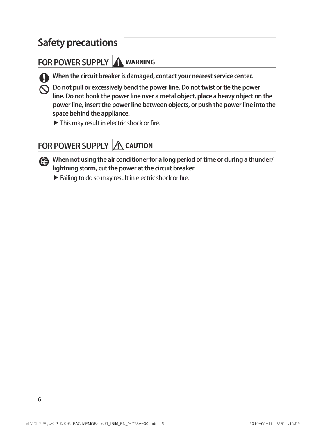 Samsung AF28HVSDADFNMG manual For Power Supply Warning 