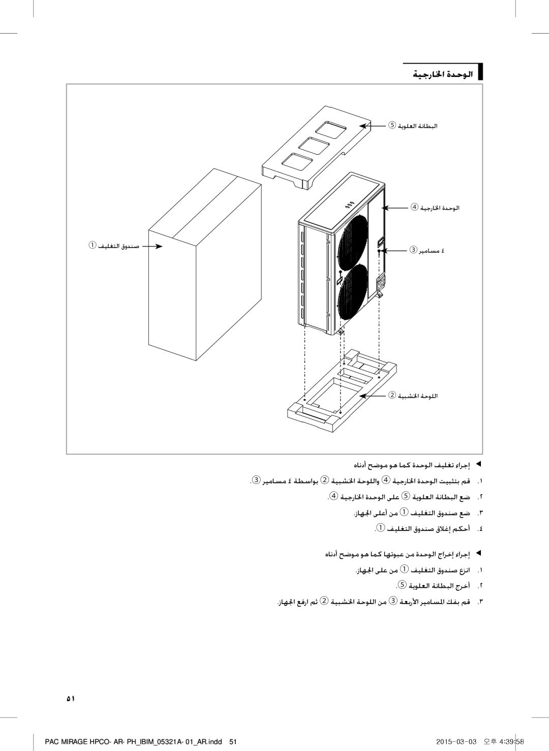 Samsung AP55M0BNUMG, AF55GC1MBEENMG, AP55M0AXUMG, AP55M1ANUMG manual ةيجرالخا ةدحولا, هاندأ حضوم وه امك ةدحولا فيلغت ءارجإe 