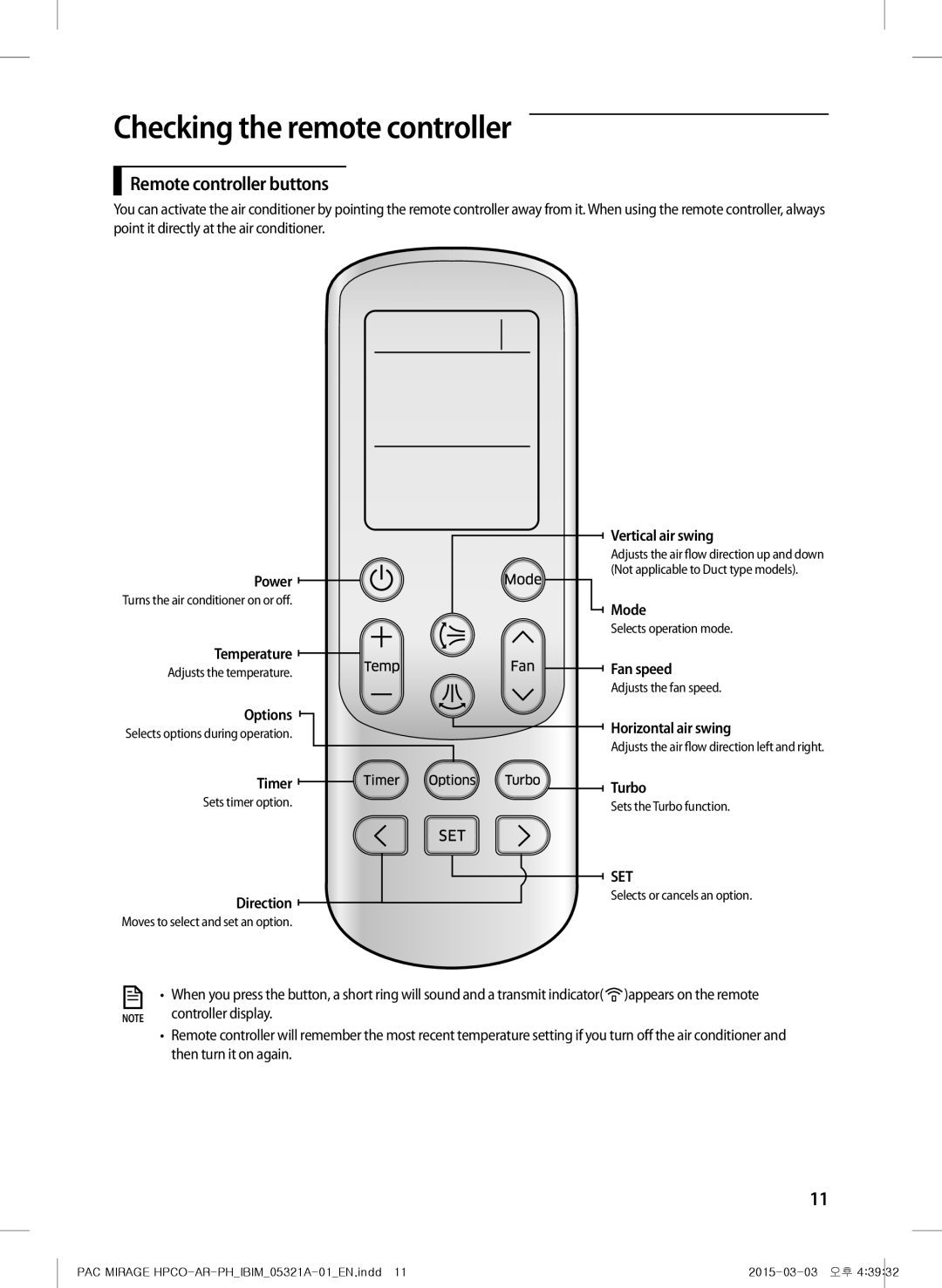 Samsung AP55M1ANUMG, AF55GC1MBEENMG, AP55M0AXUMG, AF55GC1MAEENMG Checking the remote controller, Remote controller buttons 