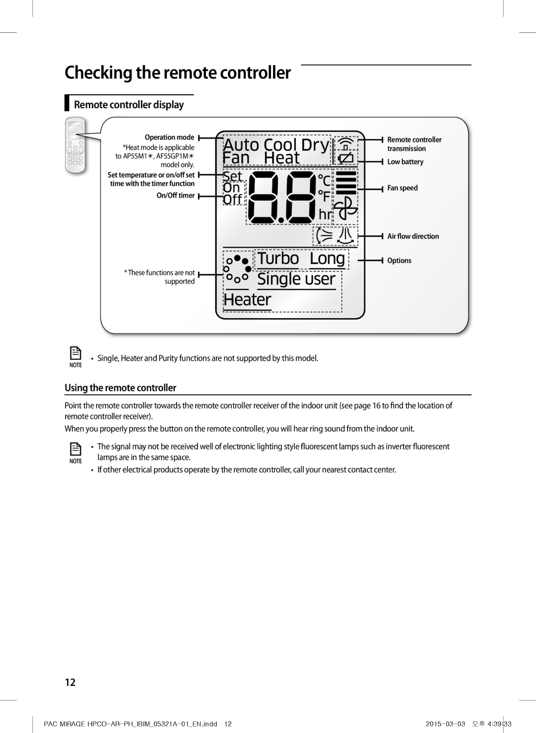 Samsung AF55GC1MAEENMG, AF55GC1MBEENMG Remote controller display, Using the remote controller, Lamps are in the same space 