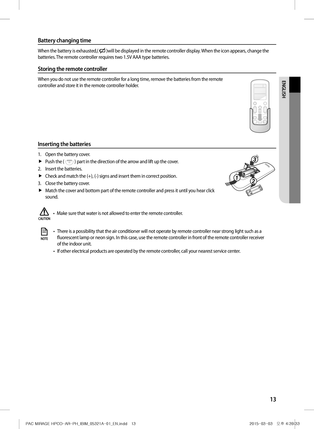 Samsung AP55M0BNUMG manual Battery changing time, Storing the remote controller, Inserting the batteries, Indoor unit 