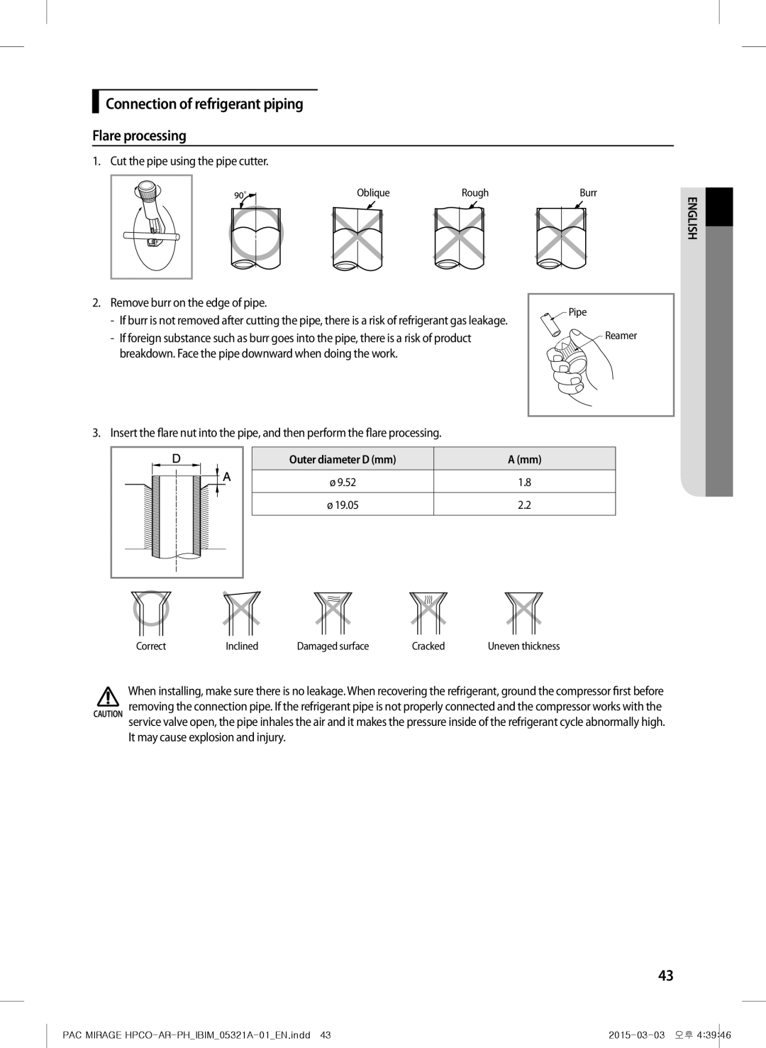 Samsung AP55M1ANUMG, AF55GC1MBEENMG Connection of refrigerant piping Flare processing, Cut the pipe using the pipe cutter 