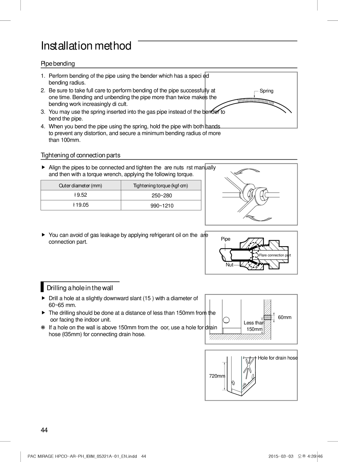 Samsung AF55GC1MAEENMG, AF55GC1MBEENMG manual Pipe bending, Tightening of connection parts, Drilling a hole in the wall 