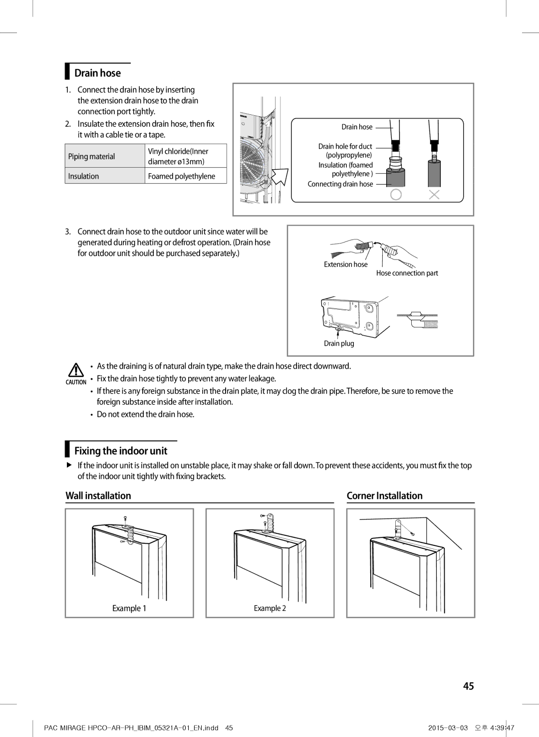 Samsung AP55M0BNUMG, AF55GC1MBEENMG Drain hose, Fixing the indoor unit, Wall installation Corner Installation, Example 