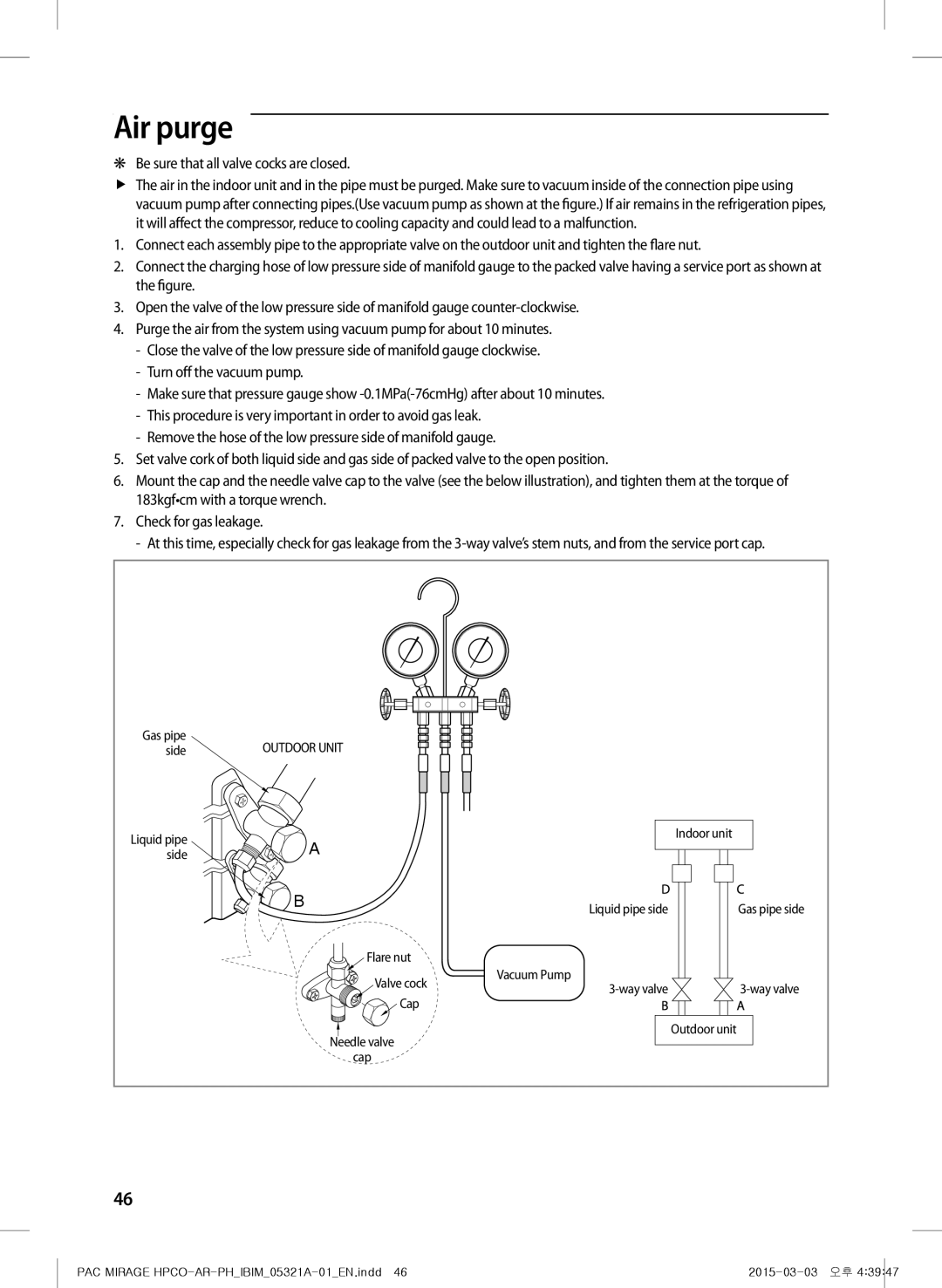 Samsung AP55M2ANUMG, AF55GC1MBEENMG, AP55M0AXUMG, AP55M1ANUMG, AP55M0BNUMG Air purge, Be sure that all valve cocks are closed 