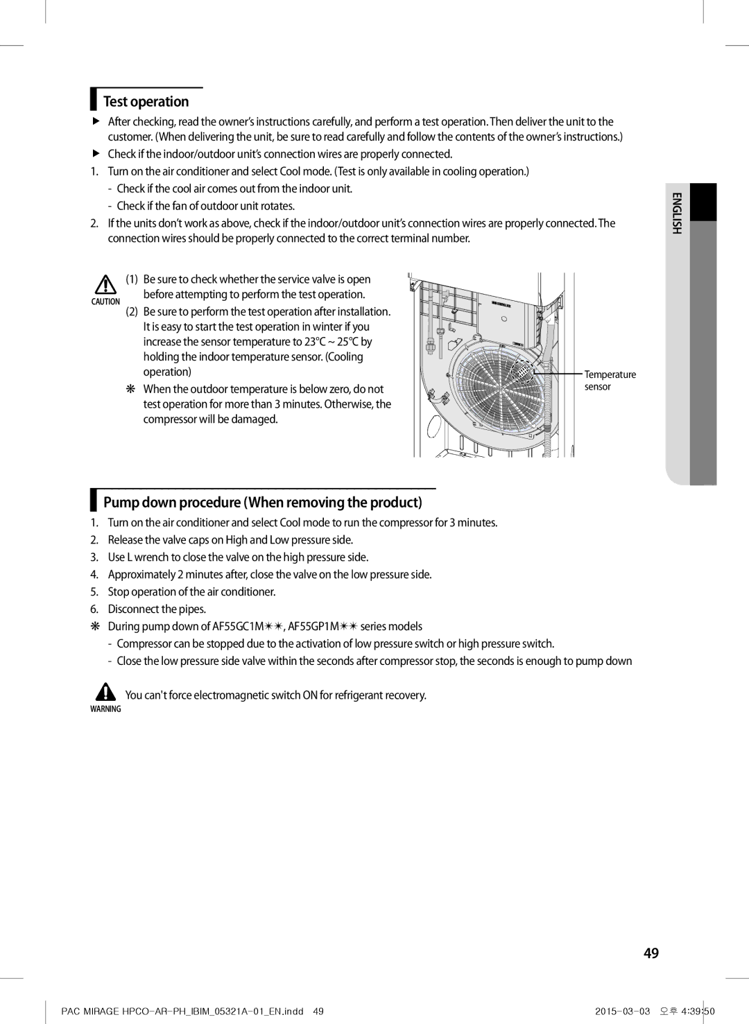 Samsung AF55GC1MBEENMG, AP55M0AXUMG, AP55M1ANUMG, AP55M0BNUMG Test operation, Pump down procedure When removing the product 