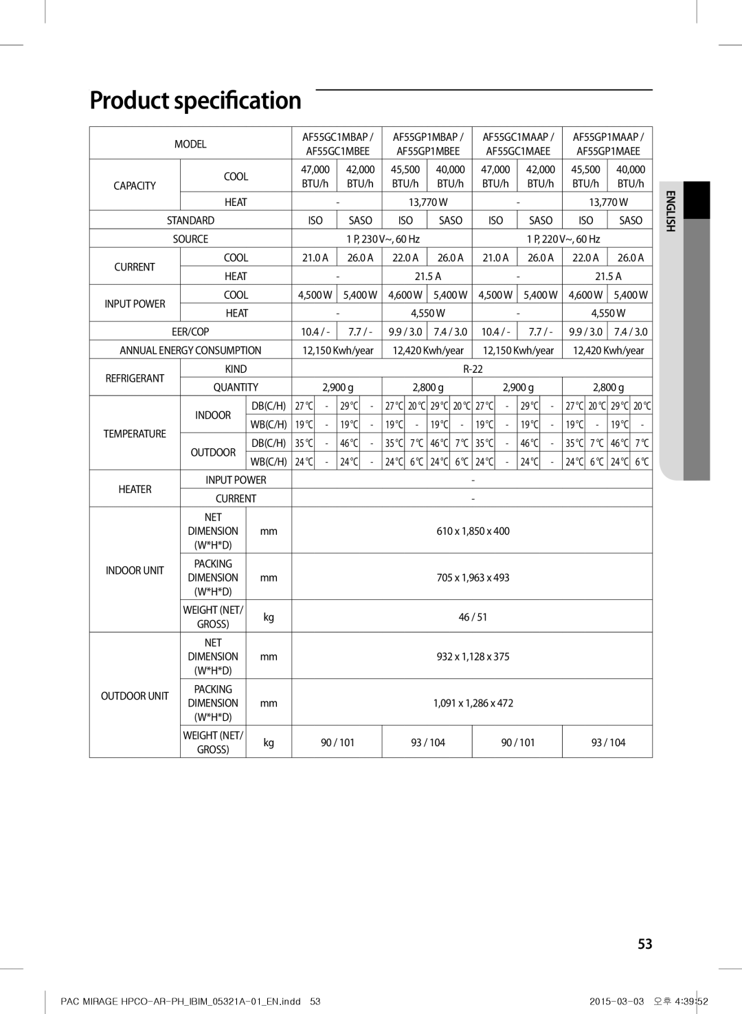 Samsung AP55M0BNUMG, AF55GC1MBEENMG, AP55M0AXUMG, AP55M1ANUMG, AF55GC1MAEENMG, AP55M2ANUMG manual Product specification, Model 