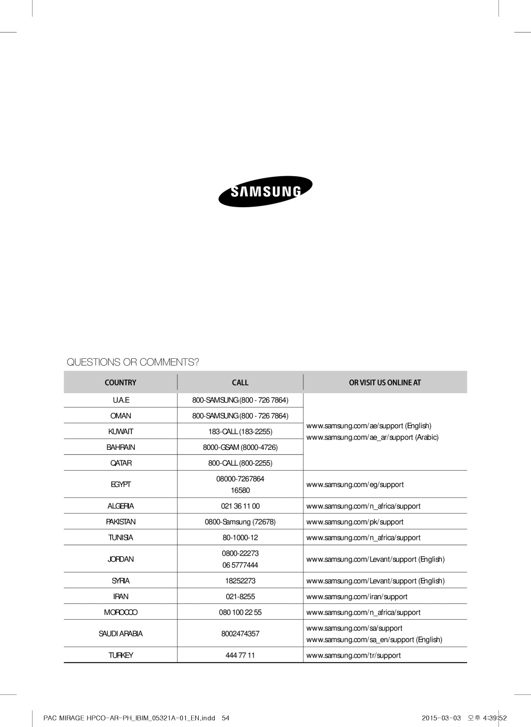 Samsung AP55M2ANUMG, AF55GC1MBEENMG, AP55M0AXUMG, AP55M1ANUMG, AF55GC1MAEENMG, AP55M0BNUMG, AP55M0ANUMG Questions or COMMENTS? 