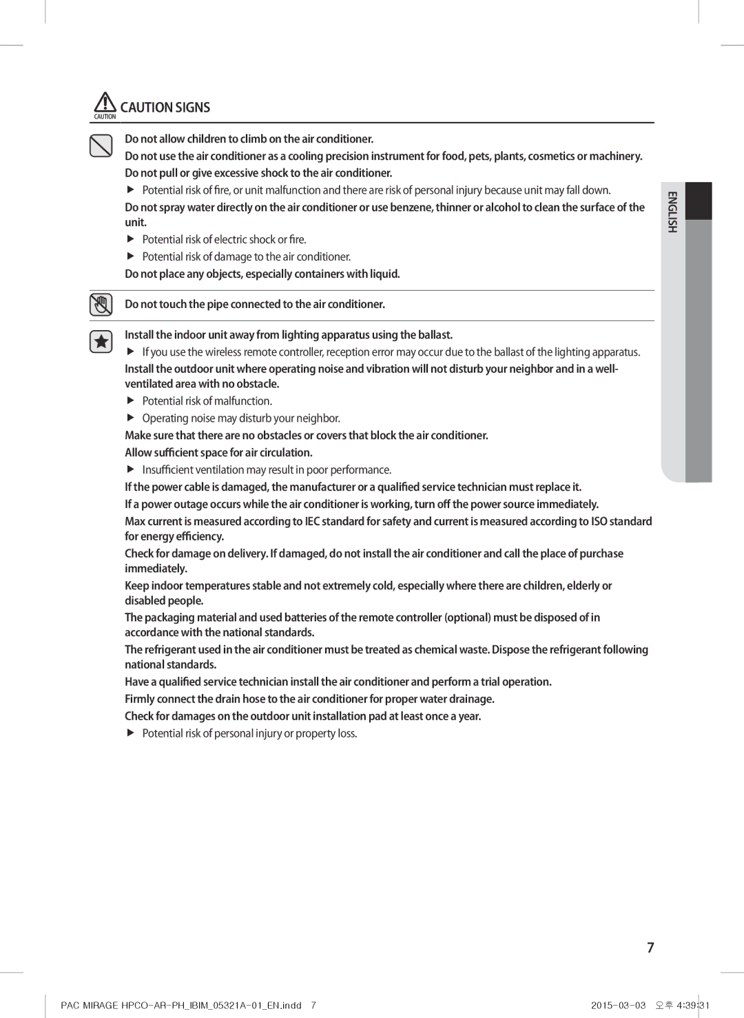 Samsung AP55M0ANUMG, AF55GC1MBEENMG, AP55M0AXUMG, AP55M1ANUMG manual Do not allow children to climb on the air conditioner 