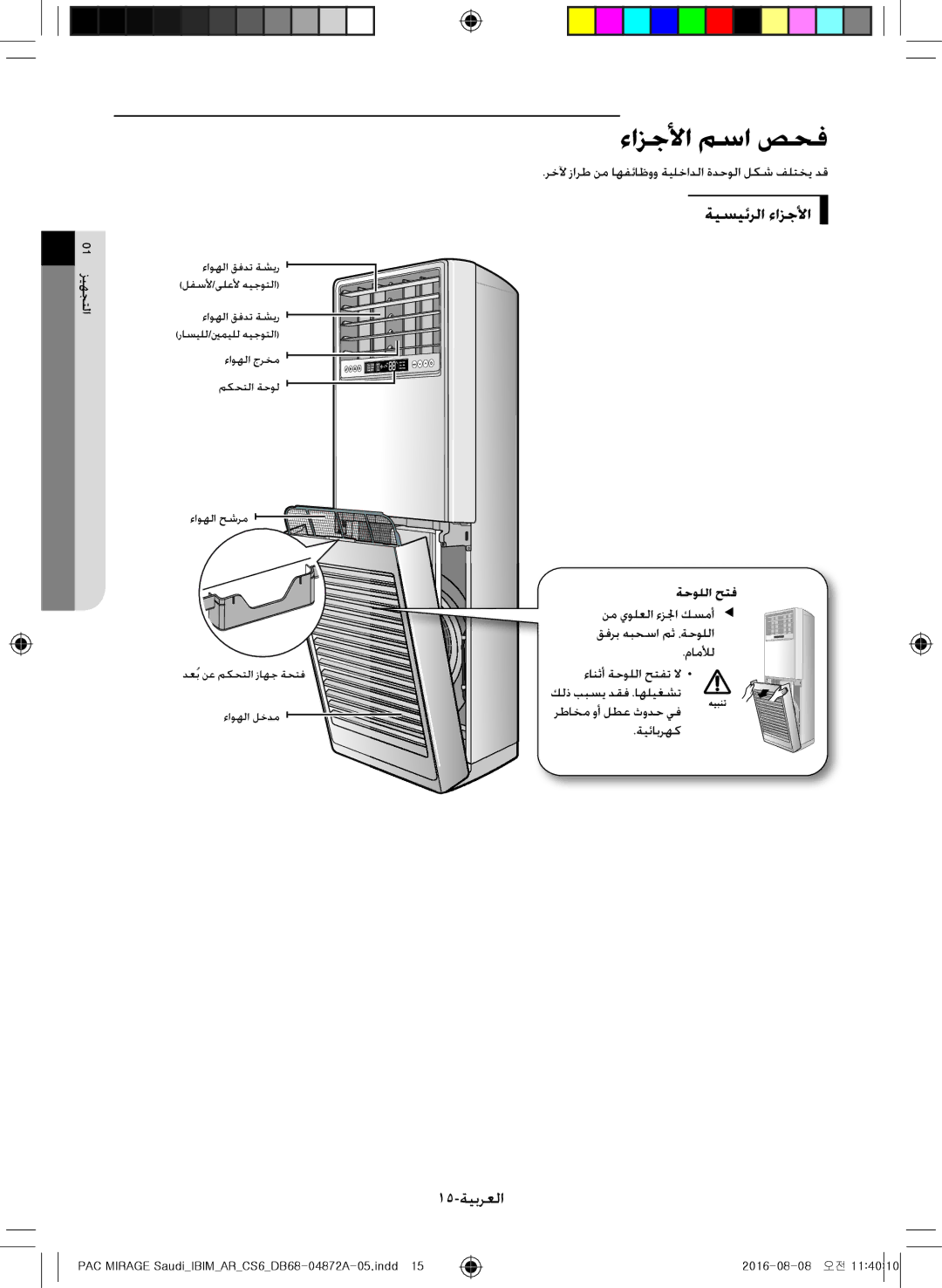 Samsung AF55JS1MAAPNMG, AF55JV1MAAPNMG, AF55MV1MAEENMG manual ءازجلأا مسا صحف, ةيسيئرلا ءازجلأا, 15-ةيبرعلا, ةحوللا حتف 