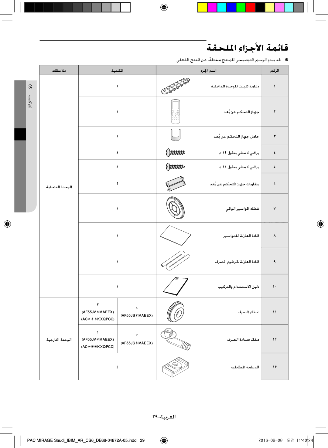 Samsung AF55JV3MAAPNMG manual ةقحللما ءازجلأا ةمئاق, 39-ةيبرعلا, يلعفلا جتنلما نع اًفلتخم جتنملل يحيضوتلا مسرلا ودبي دق 