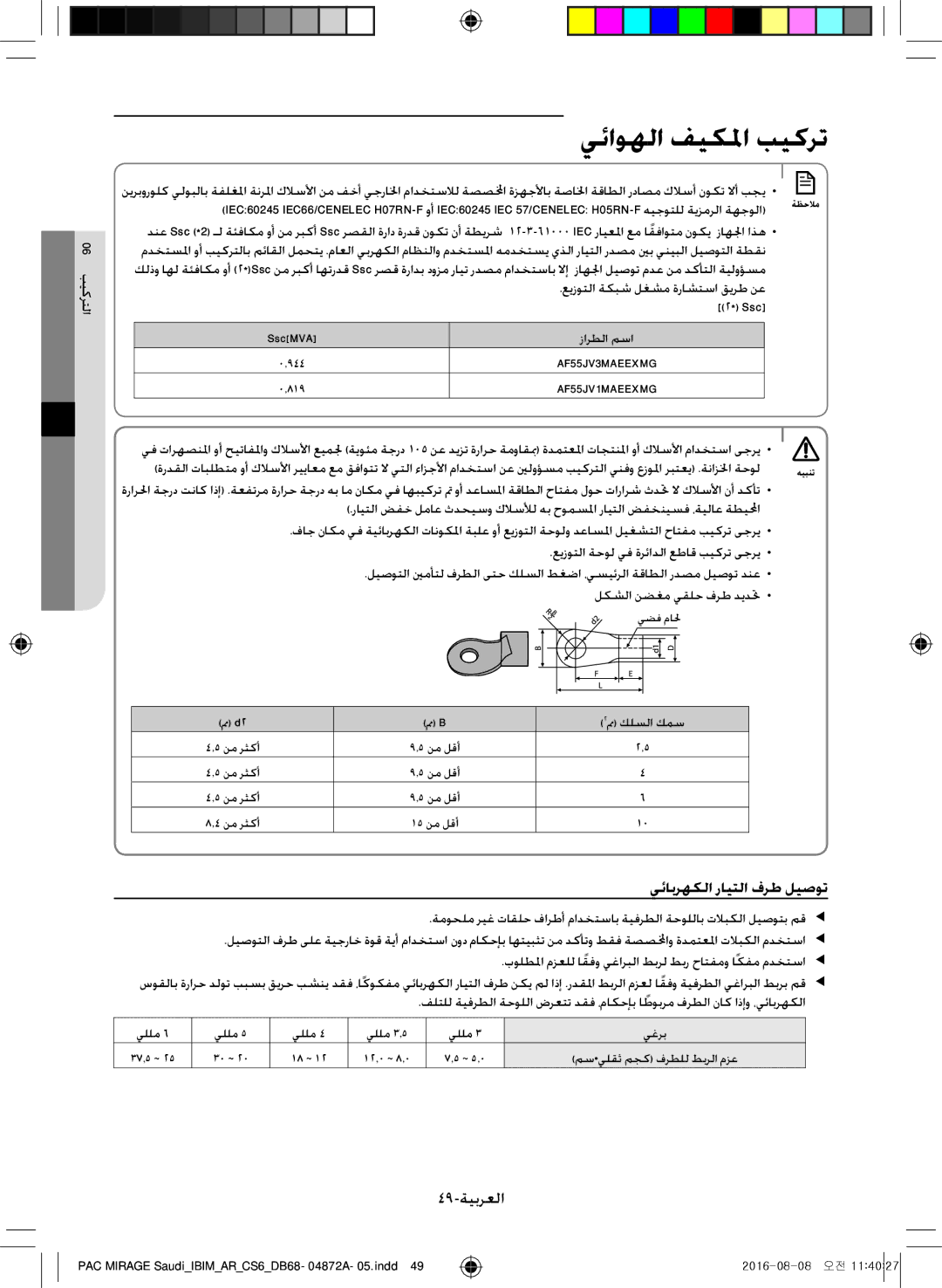 Samsung AF55JV3MAAPNMG, AF55JV1MAAPNMG manual يئابرهكلا رايتلا فرط ليصوت, 49-ةيبرعلا, عيزوتلا ةكبش لغشم ةراشتسا قيرط نع 