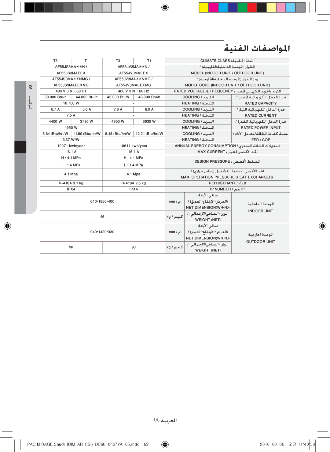 Samsung AF55JV3MAAPNMG, AF55JV1MAAPNMG, AF55MV1MAEENMG, AF55JS1MAEENMG, AF55JS3MAAPNMG manual ةينفلا تافصاولما, 69-ةيبرعلا 