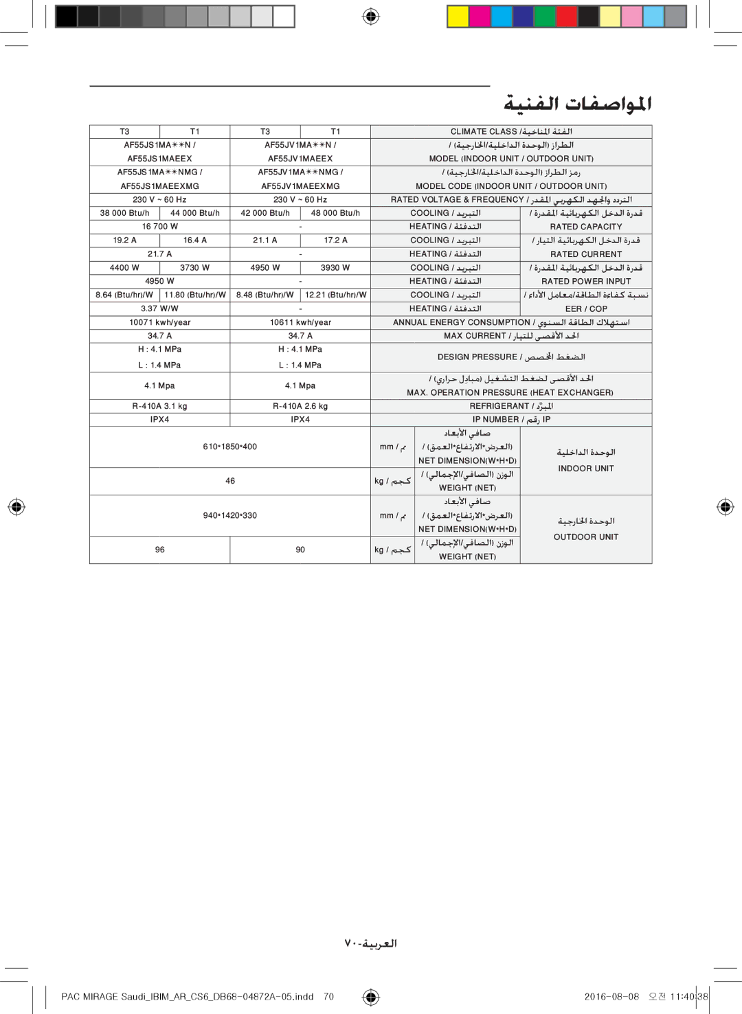 Samsung AF55JV1MAAPNMG, AF55MV1MAEENMG, AF55JS1MAEENMG, AF55JS3MAAPNMG, AF55JS3MAEENMG manual 70-ةيبرعلا, AF55JS1MAEEXMG 