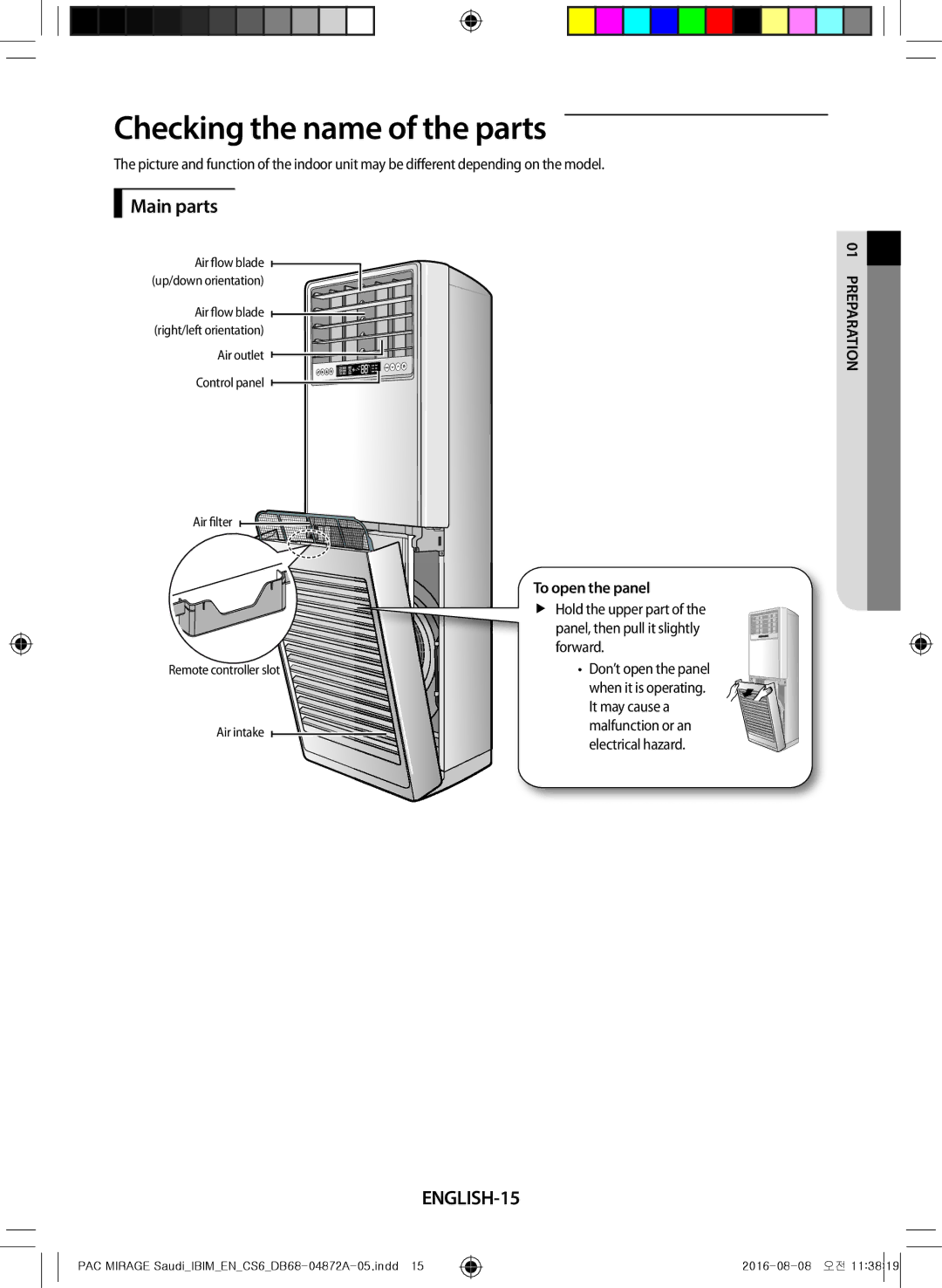 Samsung AF55JS1MAAPNMG, AF55JV1MAAPNMG manual Checking the name of the parts, Main parts, ENGLISH-15, To open the panel 