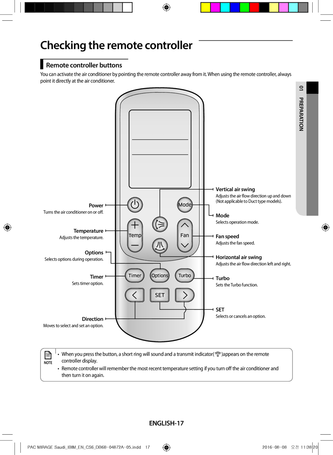 Samsung AF55JV1MAEENMG, AF55JV1MAAPNMG manual Checking the remote controller, Remote controller buttons, ENGLISH-17 