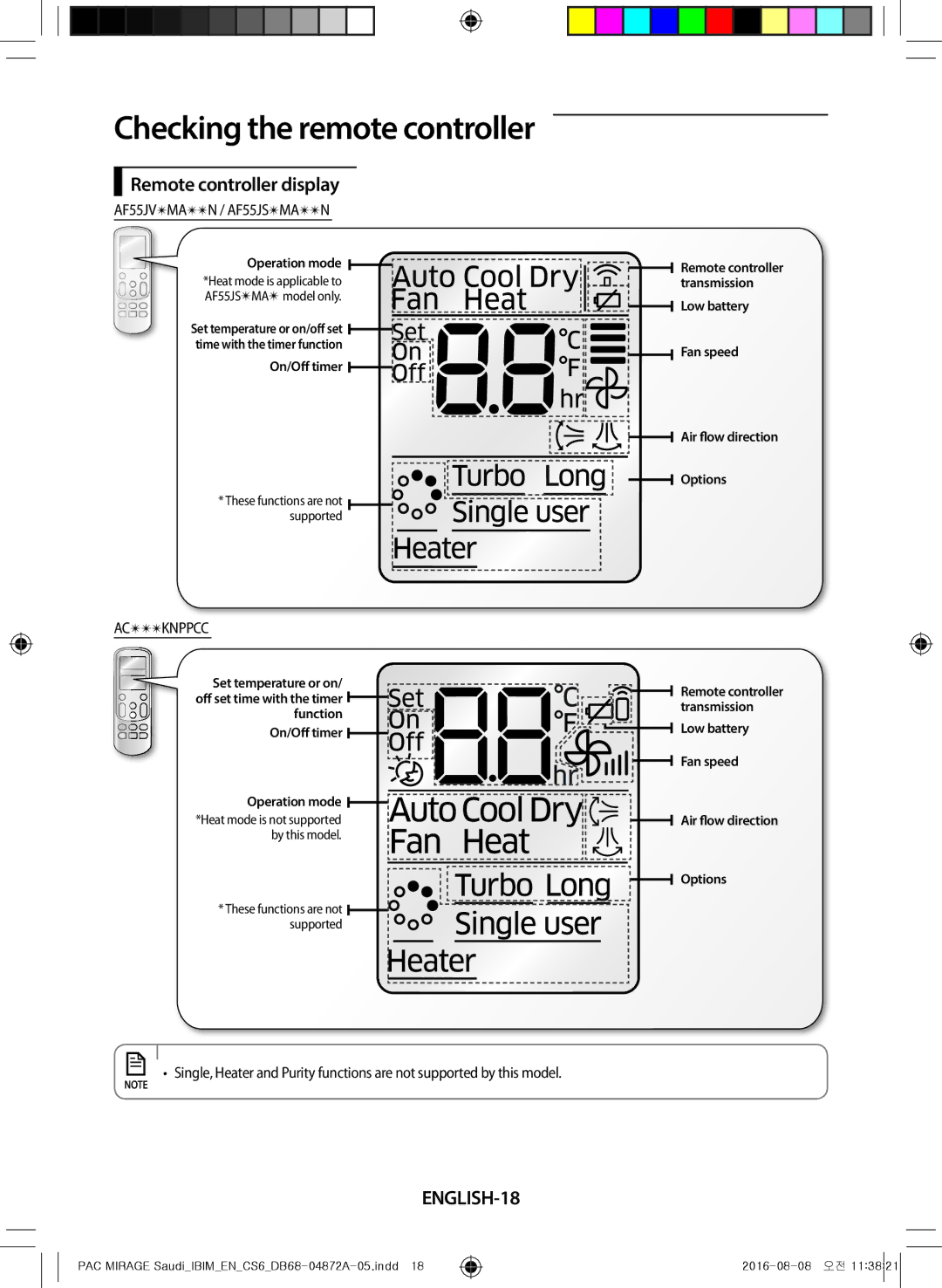 Samsung AF55JV3MAEENMG, AF55JV1MAAPNMG, AF55MV1MAEENMG, AF55JS1MAEENMG, AF55JS3MAAPNMG Remote controller display, ENGLISH-18 