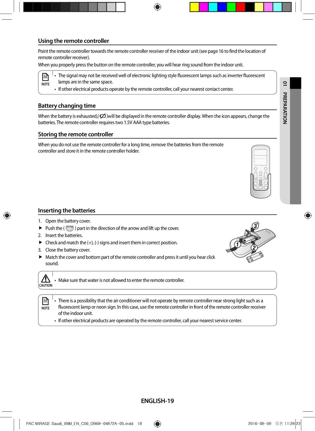 Samsung AF55JV3MAAPNMG manual Using the remote controller, Battery changing time, Storing the remote controller, ENGLISH-19 