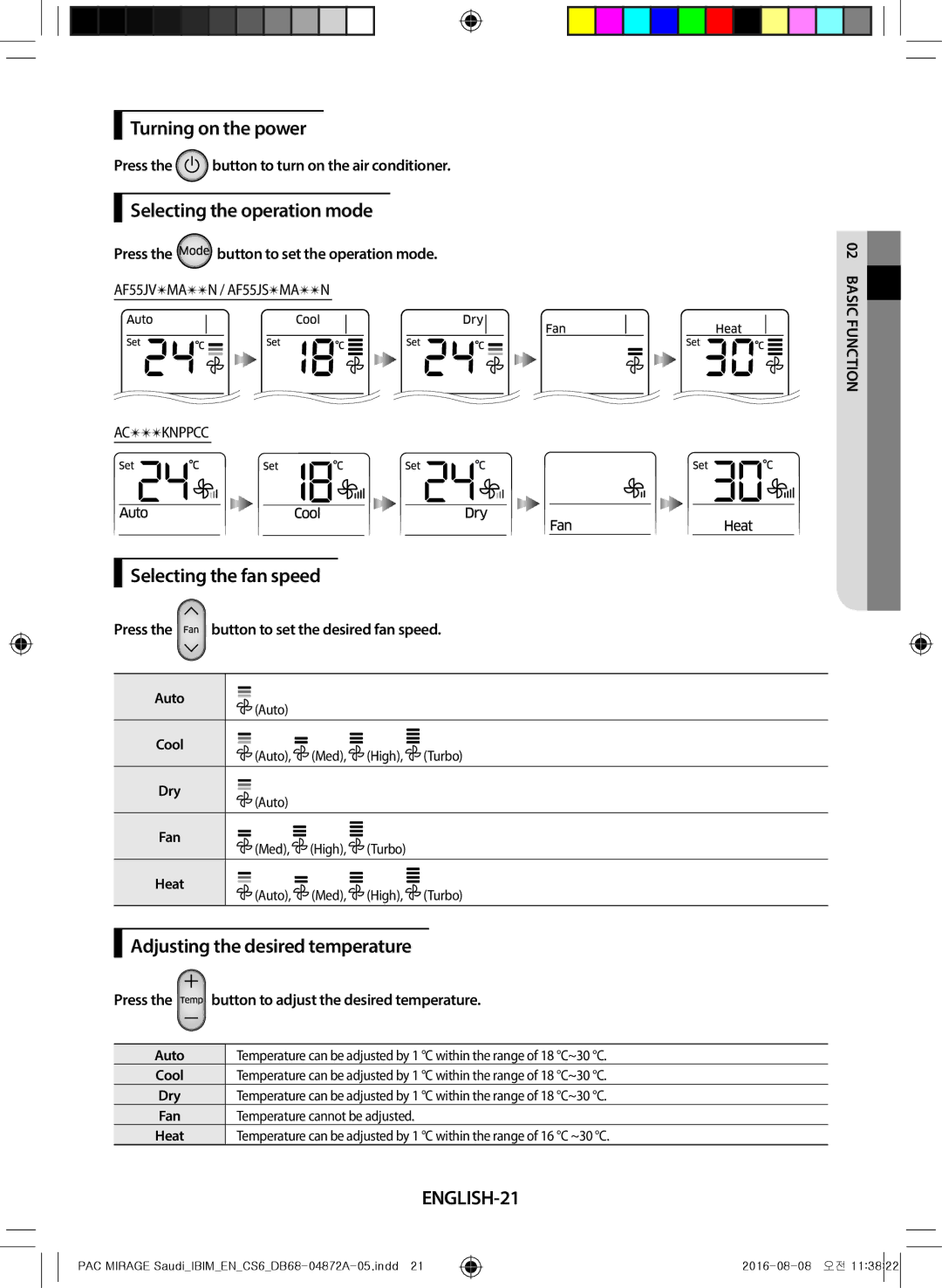 Samsung AF55MV1MAEENMG manual Turning on the power, Selecting the operation mode, Selecting the fan speed, ENGLISH-21 