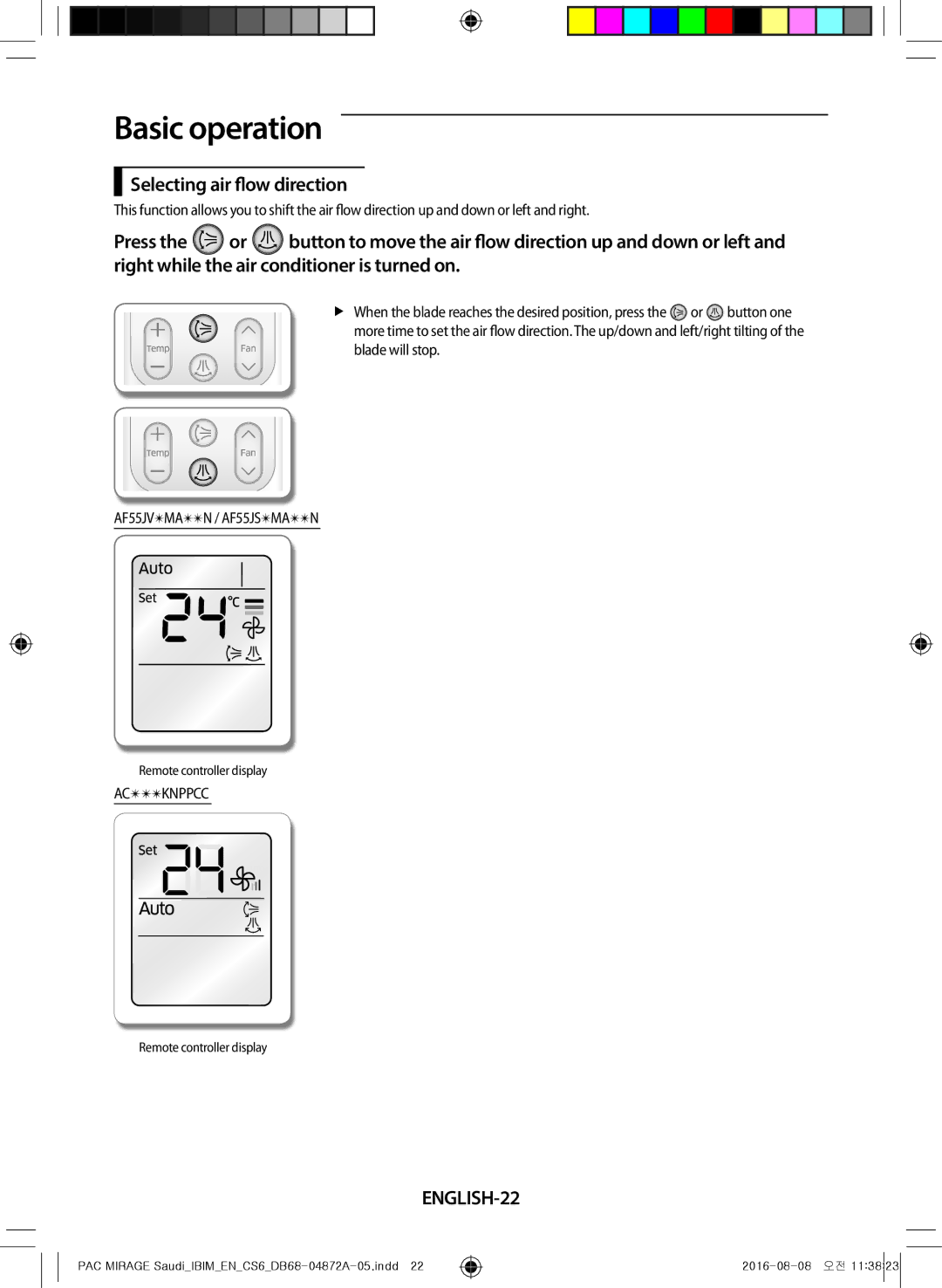 Samsung AF55JS1MAEENMG, AF55JV1MAAPNMG, AF55MV1MAEENMG, AF55JS3MAAPNMG manual Selecting air flow direction, ENGLISH-22 