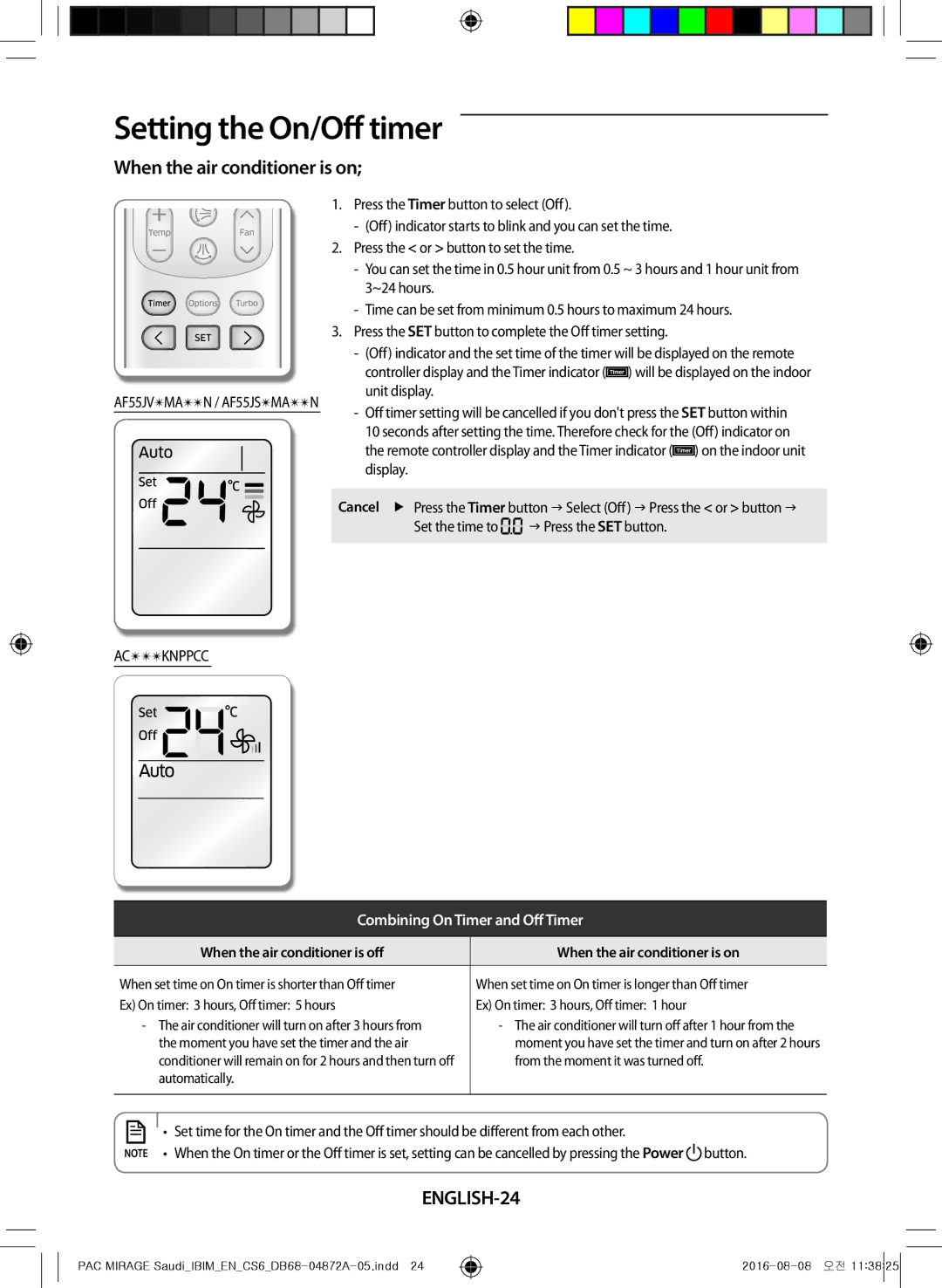 Samsung AF55JS3MAEENMG, AF55JV1MAAPNMG, AF55MV1MAEENMG, AF55JS1MAEENMG manual When the air conditioner is on, ENGLISH-24 