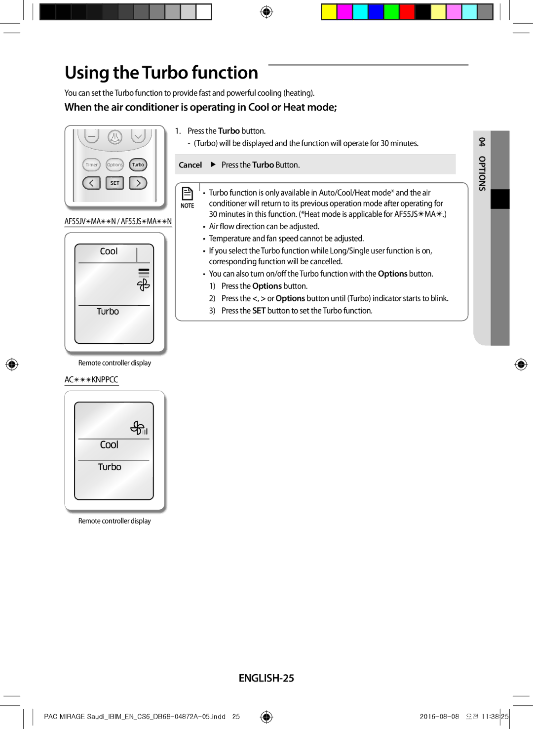 Samsung AF55JS1MAAPNMG Using the Turbo function, When the air conditioner is operating in Cool or Heat mode, ENGLISH-25 