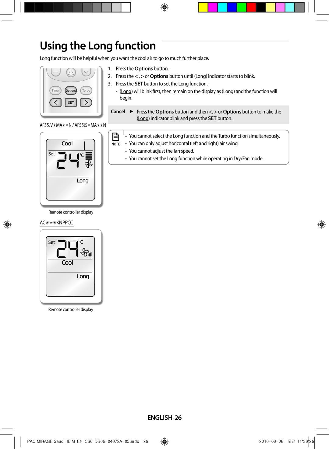 Samsung AF55JV1MAEEXMG, AF55JV1MAAPNMG, AF55MV1MAEENMG, AF55JS1MAEENMG, AF55JS3MAAPNMG Using the Long function, ENGLISH-26 