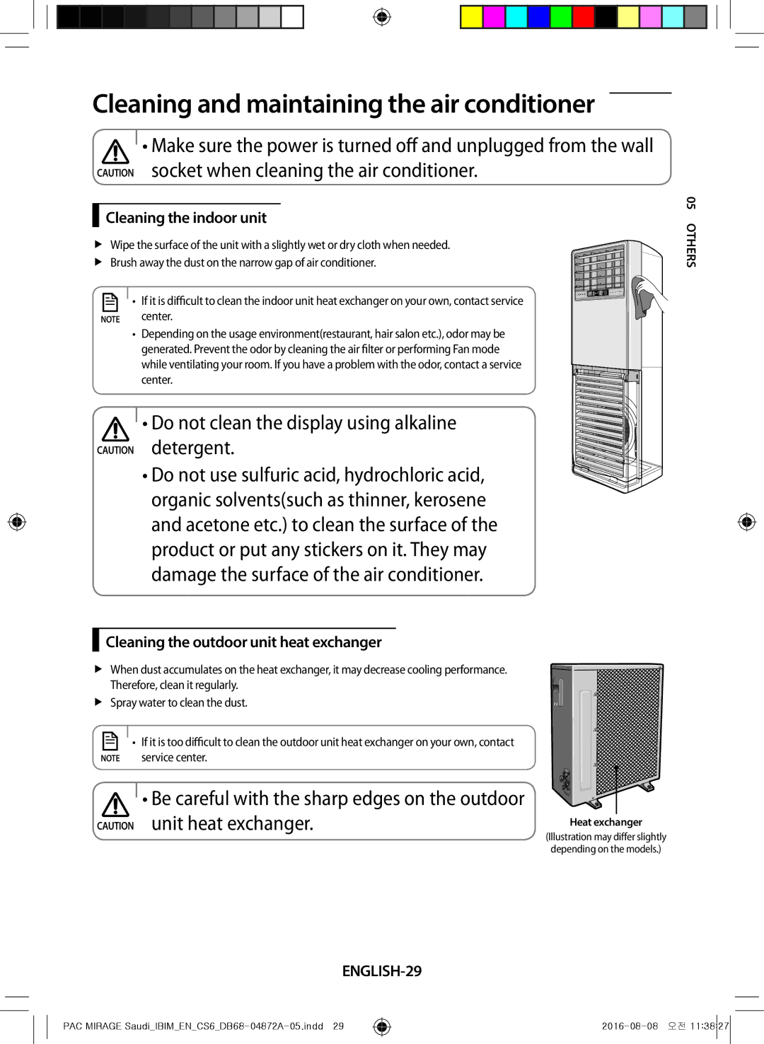 Samsung AF55JV3MAAPNMG manual Cleaning the indoor unit, Cleaning the outdoor unit heat exchanger, ENGLISH-29, O05 thers 