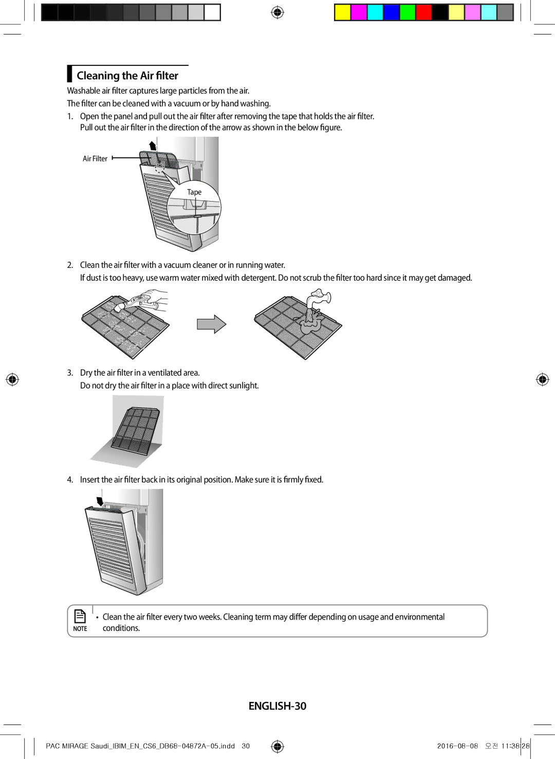 Samsung AF55JV1MAAPNMG, AF55MV1MAEENMG, AF55JS1MAEENMG, AF55JS3MAAPNMG, AF55JS3MAEENMG Cleaning the Air filter, ENGLISH-30 