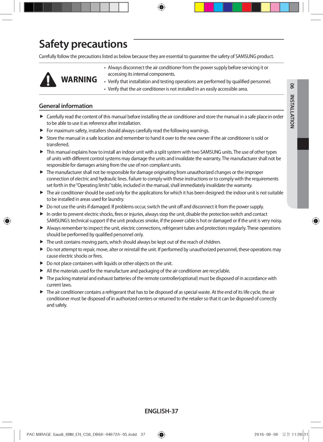 Samsung AF55JV1MAEENMG, AF55JV1MAAPNMG General information, ENGLISH-37, Accessing its internal components, I06nstallation 