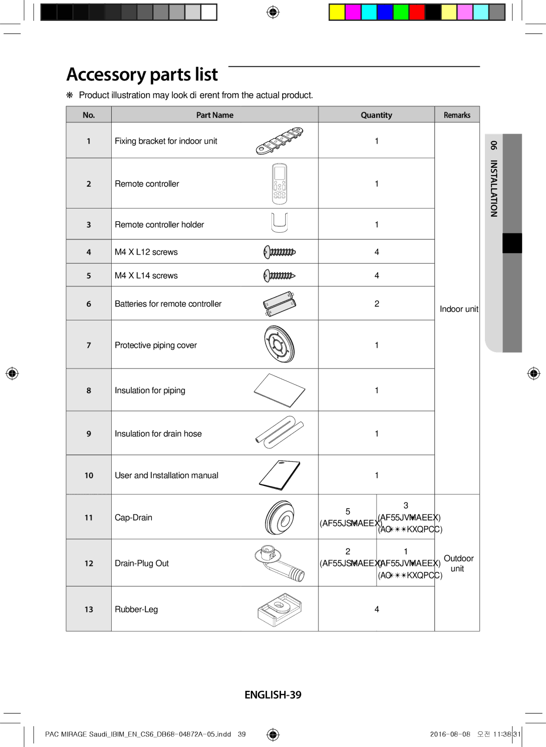 Samsung AF55JV3MAAPNMG, AF55JV1MAAPNMG, AF55MV1MAEENMG, AF55JS1MAEENMG manual Accessory parts list, ENGLISH-39, Part Name 