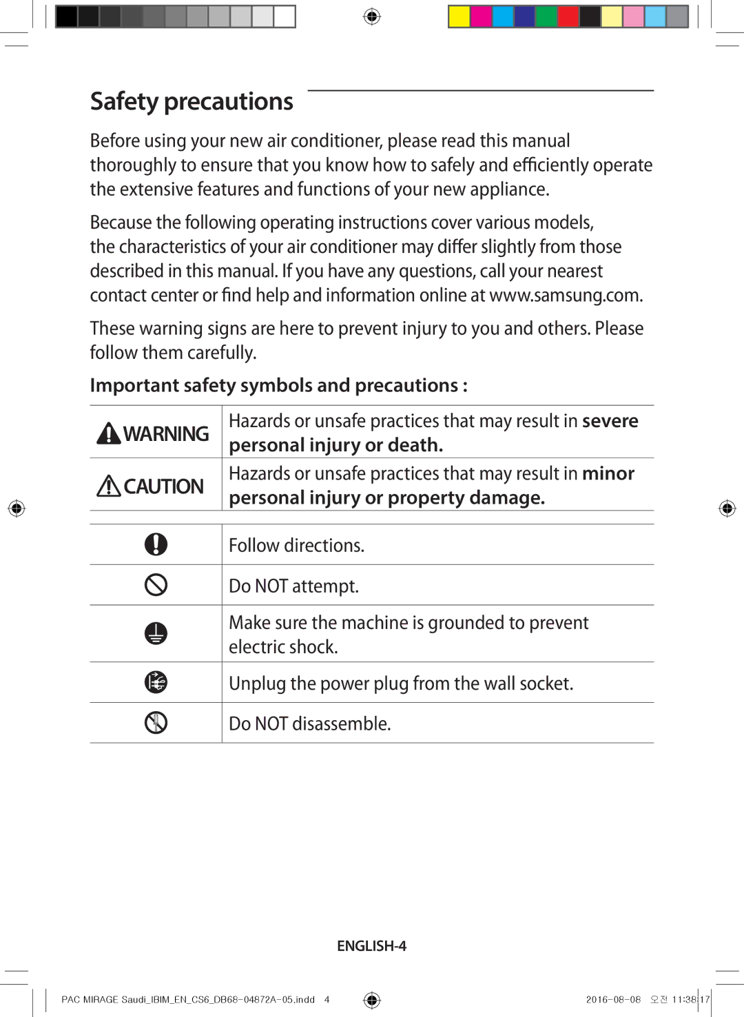 Samsung AF55JS3MAEENMG, AF55JV1MAAPNMG, AF55MV1MAEENMG, AF55JS1MAEENMG, AF55JS3MAAPNMG manual Safety precautions, ENGLISH-4 