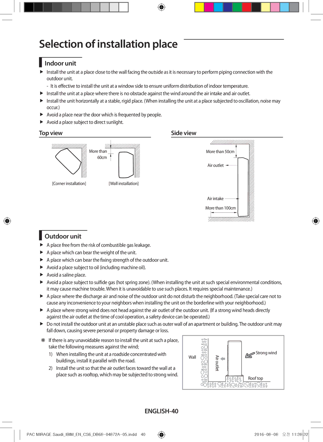 Samsung AF55JV1MAAPNMG, AF55MV1MAEENMG Selection of installation place, Indoor unit, Side view, Outdoor unit, ENGLISH-40 