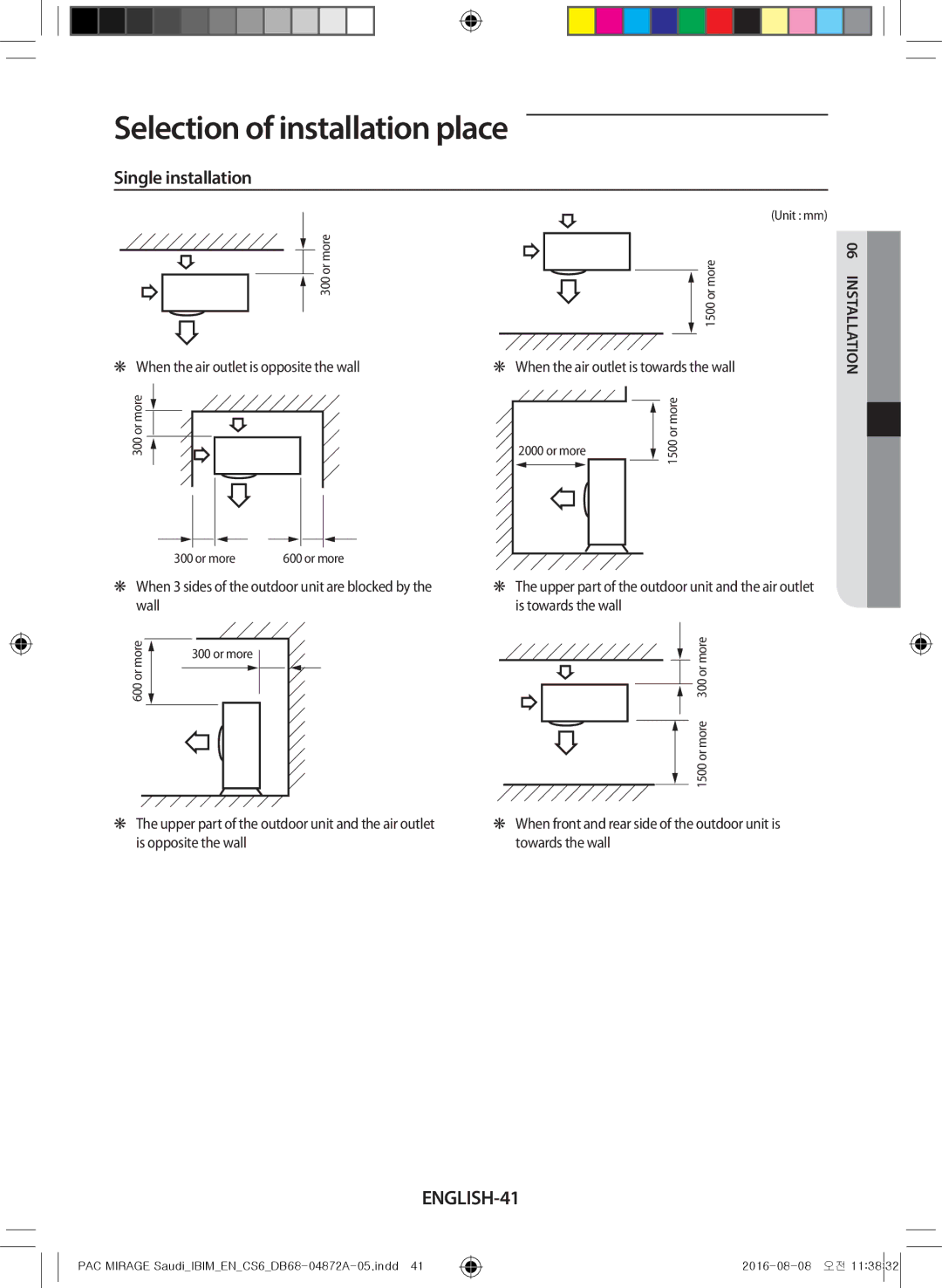 Samsung AF55MV1MAEENMG, AF55JV1MAAPNMG manual Single installation, ENGLISH-41, When the air outlet is opposite the wall 