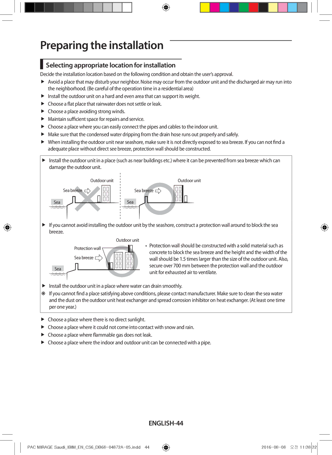 Samsung AF55JS3MAEENMG manual Preparing the installation, Selecting appropriate location for installation, ENGLISH-44 