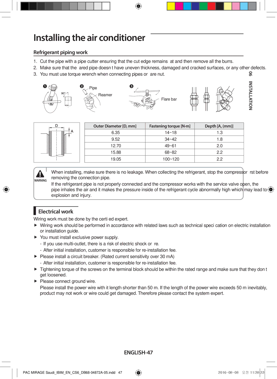 Samsung AF55JV1MAEENMG, AF55JV1MAAPNMG Refrigerant piping work, Electrical work, ENGLISH-47, Removing the connection pipe 