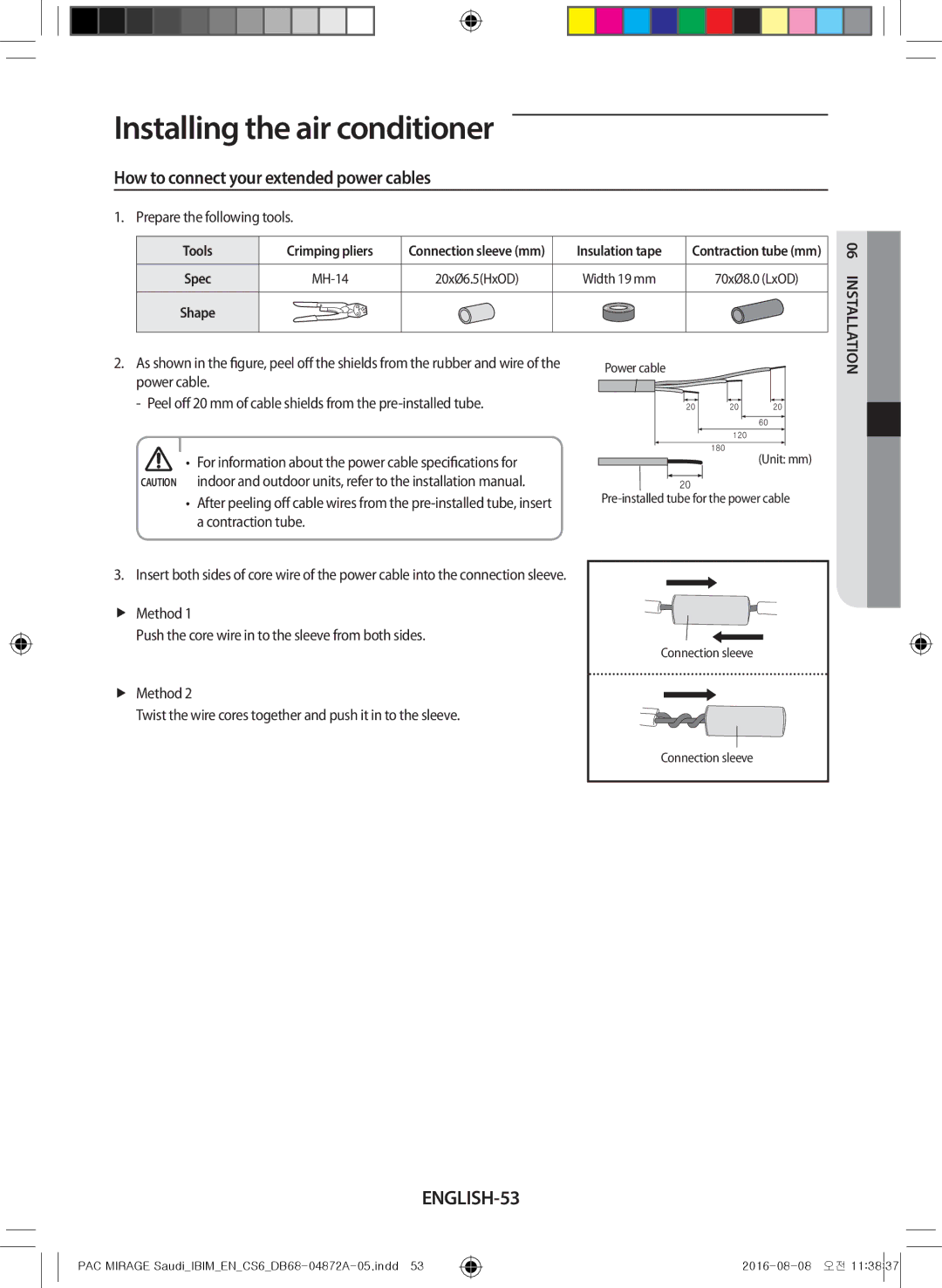 Samsung AF55JS3MAAPNMG, AF55JV1MAAPNMG How to connect your extended power cables, ENGLISH-53, Prepare the following tools 